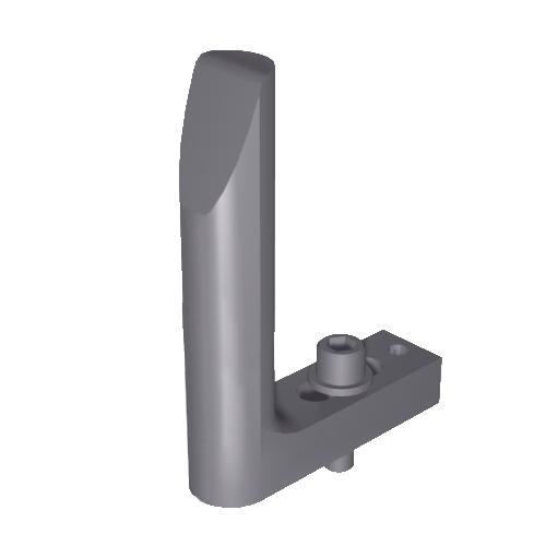 Ein 3D-gerendertes Bild einer metallisch grauen Halterung mit einem vertikalen und horizontalen Abschnitt. Der vertikale Teil ist glatt und abgerundet, während der horizontale Teil ein Loch und einen zylindrischen Vorsprung aufweist, der anscheinend zur Befestigung dient.