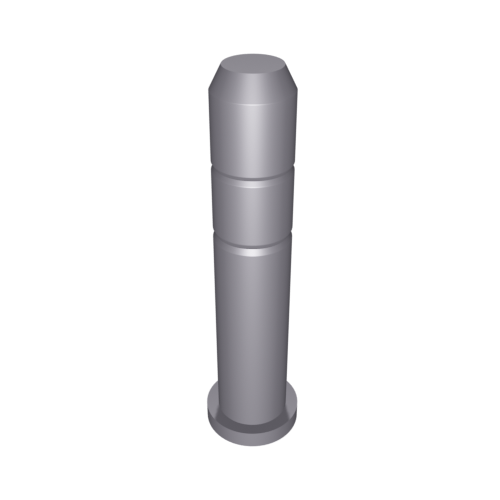 N906 Ein 3D-gerendertes Bild eines metallischen, zylindrischen Objekts mit einer flachen Basis, zwei rillenartigen Vertiefungen in der Mitte und einer abgerundeten Oberseite vor einem schwarzen Hintergrund.