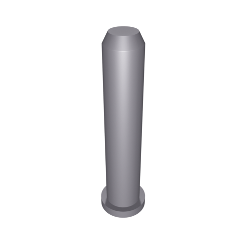 Ein 3D-Modell eines zylindrischen Metallobjekts mit leicht konischer Oberseite und runder Unterseite. Die Oberfläche erscheint glatt und reflektierend. Der Hintergrund ist schlicht schwarz.