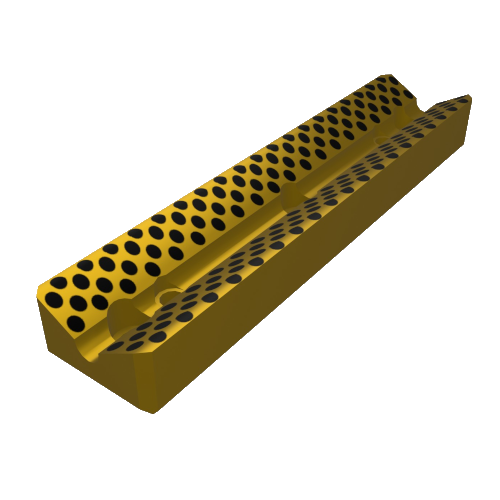 Eine 3D-Darstellung eines gelben rechteckigen Prismas mit einer Rille in der Mitte und einer Reihe schwarzer Punkte auf der Oberfläche. Das Objekt scheint ein funktionales Design zu haben, möglicherweise für den industriellen Einsatz.