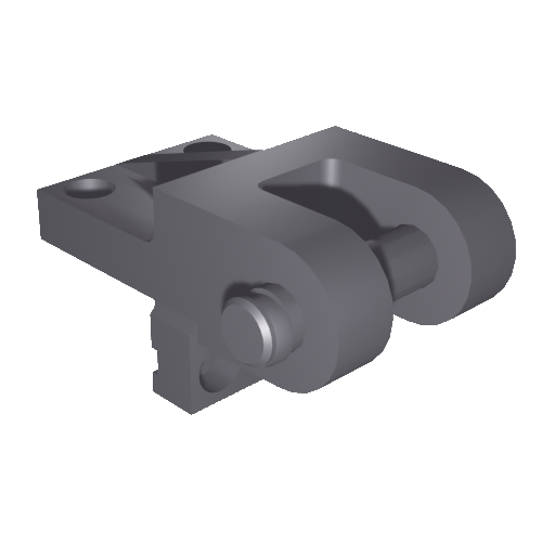 Tragwange Renault Eine 3D-Darstellung eines grauen mechanischen Scharniers oder einer Halterung mit zwei zylindrischen Gelenken und einer flachen Basis. Das Design zeichnet sich durch scharfe Kanten und geometrische Formen aus, was auf eine industrielle oder strukturelle Verwendung schließen lässt.