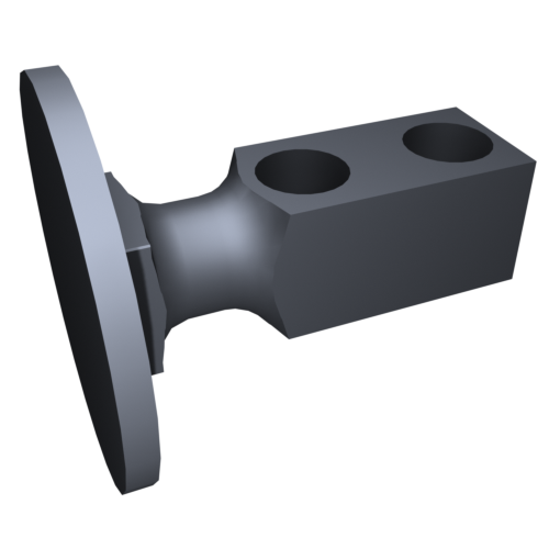 3D-Darstellung eines mechanischen Teils mit einer runden Basis, die mit einem zylindrischen Schaft verbunden ist, der zu einem rechteckigen Block mit zwei kreisförmigen Löchern auf der Oberseite führt, vor einem schwarzen Hintergrund.