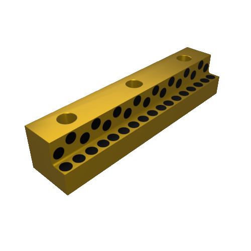 Ein 3D-gerenderter rechteckiger Goldblock mit einer Reihe kreisförmiger Löcher entlang seiner Länge auf zwei Oberflächen. Die obere Oberfläche hat drei größere Löcher, die gleichmäßig über die Länge verteilt sind. Der Block wirft einen leichten Schatten auf einen weißen Hintergrund.