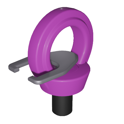 Ein 3D-gerendertes Bild eines violetten, ösenähnlichen Objekts mit abgerundeter Oberseite und zwei hervorstehenden grauen Griffen an den Seiten. Das Objekt hat eine zylindrische Basis und scheint ein mechanisches oder industrielles Bauteil zu sein.