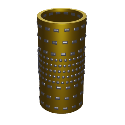 N118_b Ein zylindrisches Objekt mit Goldfinish, bedeckt mit gleichmäßig verteilten, erhabenen schwarzen Quadraten und kreisförmigen Punkten. Das Design erzeugt ein strukturiertes Muster, das sich um den Zylinder wickelt. Ober- und Unterseite sind offen und glatt.