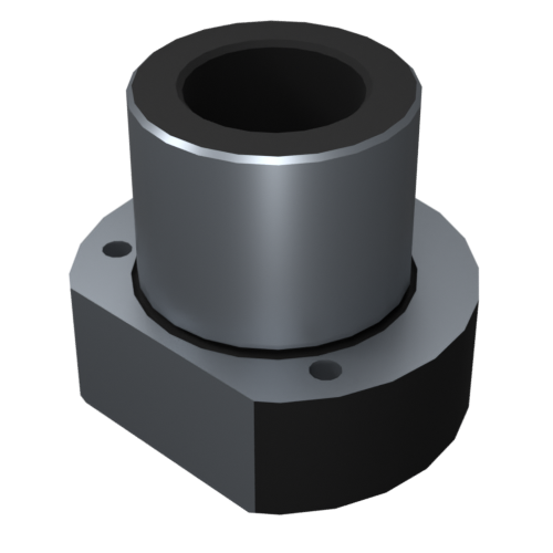 N184 3D-Rendering eines metallischen zylindrischen Bauteils mit breiterer Basis, einem zentralen Loch und zwei Befestigungslöchern an der Basis. Die Oberfläche erscheint glänzend mit einem silbernen Finish und der schwarze Hintergrund hebt das Bauteil hervor.