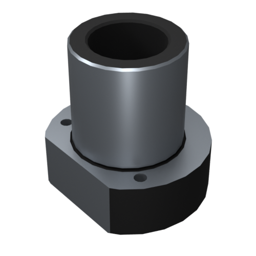 N185 Eine 3D-Darstellung eines zylindrischen Metallteils, das auf einem quadratischen Sockel mit abgerundeten Kanten montiert ist. Auf dem Sockel befinden sich zwei kleine Löcher, wahrscheinlich zur Befestigung oder Sicherung des Teils. Die Oberfläche erscheint glatt und poliert.
